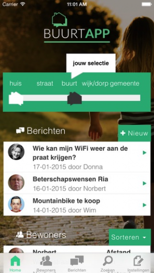 BuurtApp toont berichten en bewoners op buurtniveau.