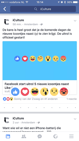 Nieuwe Facebook reactie-emoji bij een bericht van iCulture.