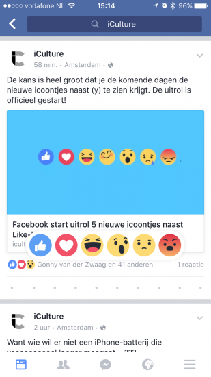 Nieuwe Facebook reactie-emoji bij een bericht van iCulture.