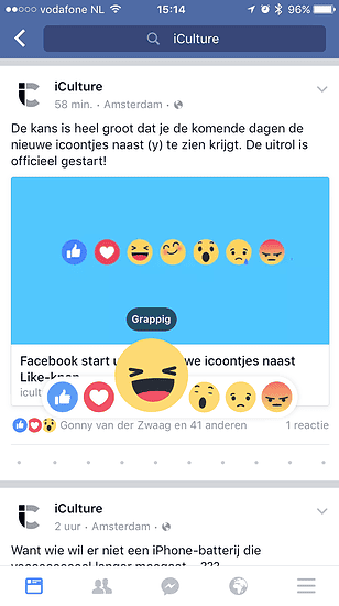Grappige Facebook reactie-emoji bij een bericht van iCulture.