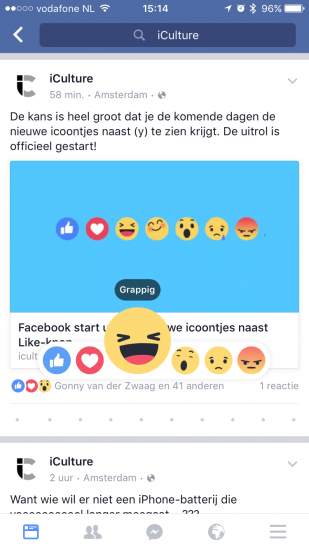 Grappige Facebook reactie-emoji bij een bericht van iCulture.