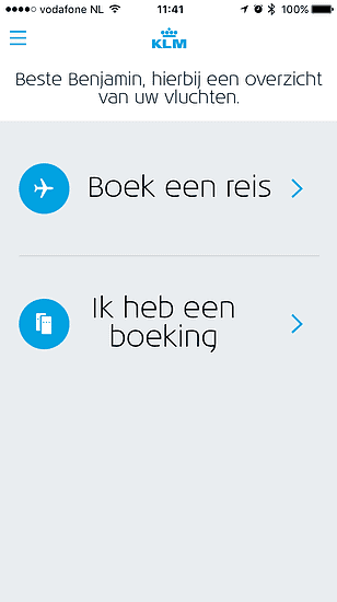 KLM-app op de iPhone met nieuw wit design.