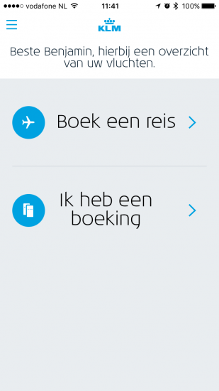 KLM-app op de iPhone met nieuw wit design.