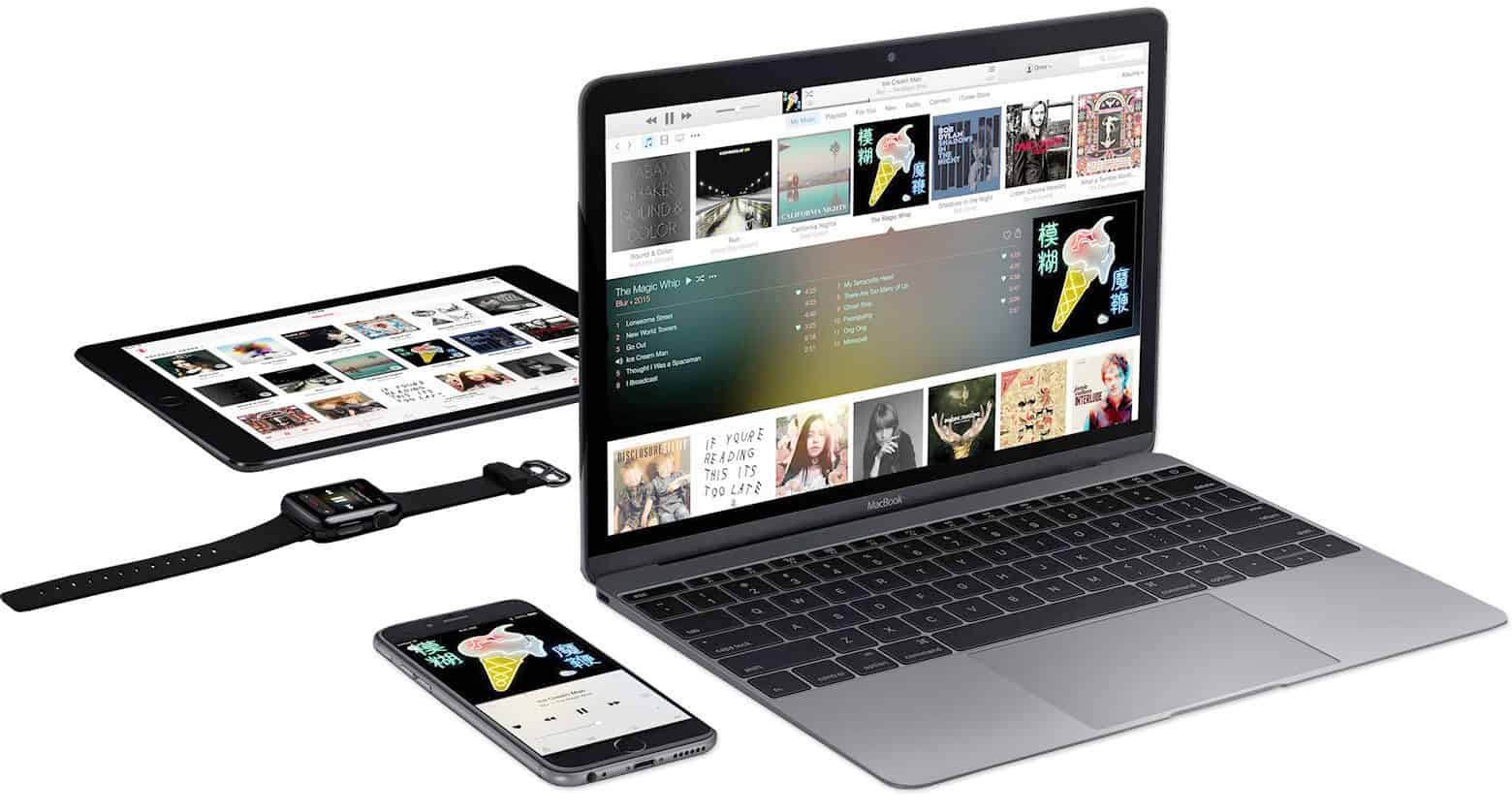 MacBook, iPhone, iPad en Apple Watch met Apple Music erop