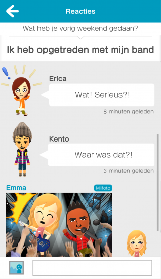 Een gesprek in Miitomo, de eerste smartphone-app van Nintendo.