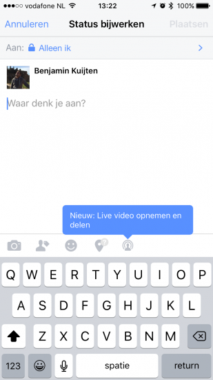 Facebook Live opstarten via de Facebook-app.