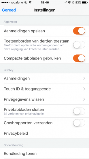 Beveiligingsinstellingen in Firefox op iOS.