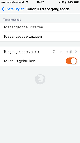 Firefox voor iOS met Touch ID instelling.
