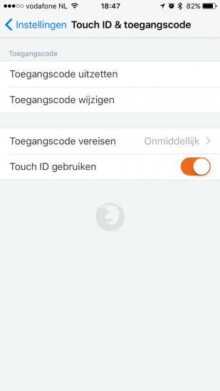 Firefox voor iOS met Touch ID instelling.