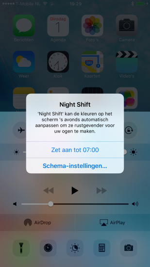 Night Shift in het Bedieningspaneel in de vijfde beta van iOS 9.3.