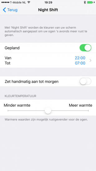 Een Night Shift tijdsschema instellen in iOS 9.3 beta 5.