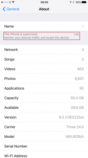 De Over-pagina van een iPhone met iOS 9.3 dat beheerd wordt door een extern bedrijf.