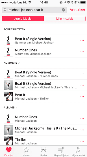 Zoeken naar een combinatie tussen artiest en nummer in Apple Music.