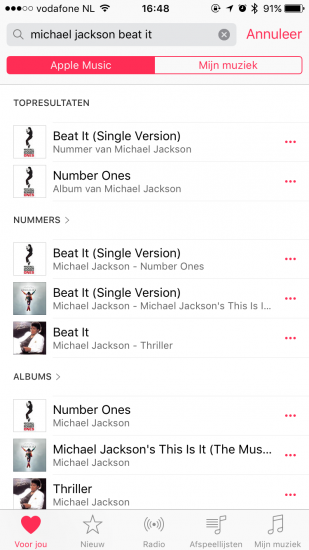 Zoeken naar een combinatie tussen artiest en nummer in Apple Music.