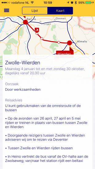 NS Reisplanner Xtra met een storingskaart.
