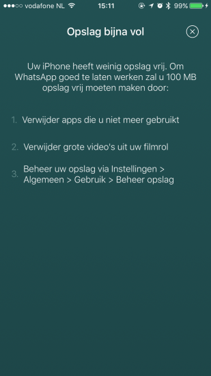 Melding met volle opslagruimte in WhatsApp.