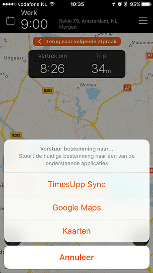 TimesUpp laat je de route doorsturen naar andere apps.
