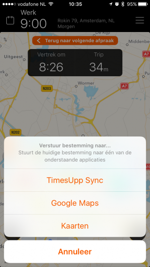 TimesUpp laat je de route doorsturen naar andere apps.