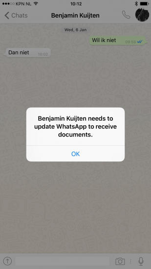 WhatsApp-foutmelding bij het versturen van een document.