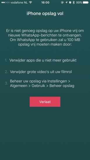 WhatsApp wordt onbruikbaar door een volle iPhone.