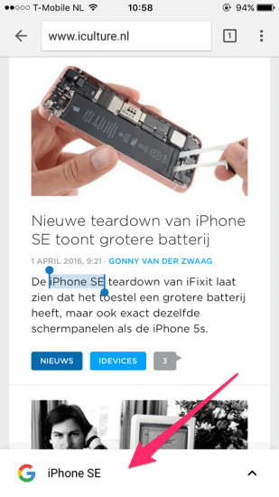 Google Chrome iOS contextueel zoeken