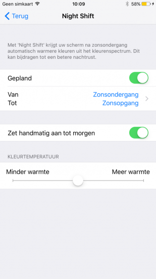 Energiebesparingsmodus en Night Shift in iOS 9.3.2 beta 2.