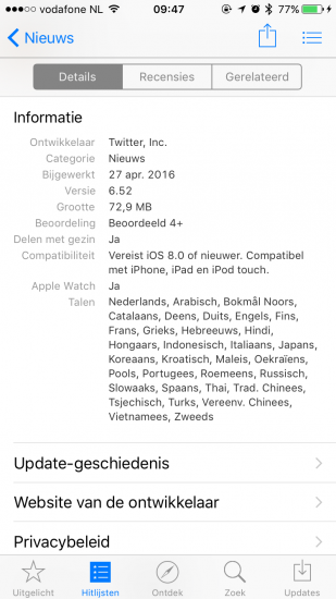 Twitter in iOS App Store met categorie nieuws.