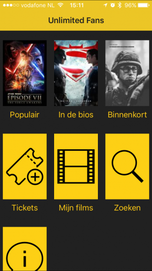 Unlimited Fans voor de iPhone met het hoofdmenu.