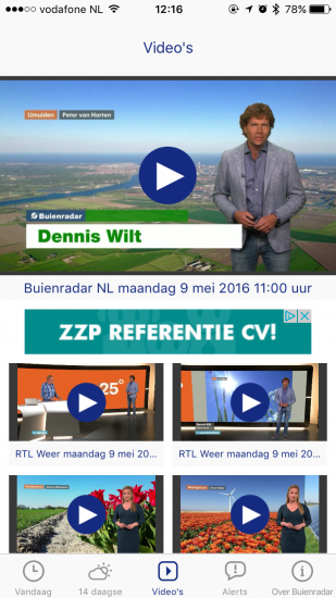Buienradar met apart tabblad voor video's op de iPhone.