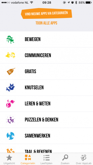 Cinekid AppLab met categorieën op de iPhone.