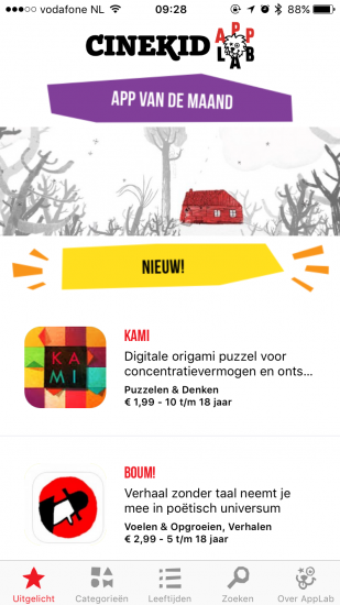 Cinekid AppLab met uitgelichte apps op de iPhone.