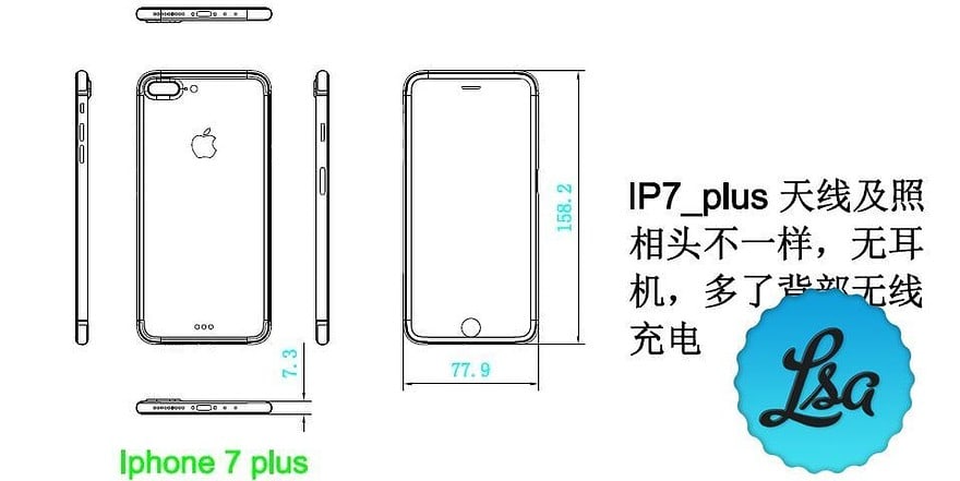 Schematische tekening van iPhone 7 Plus met afmetingen.