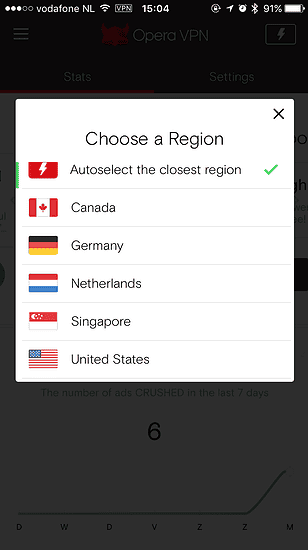 Opera VPN voor de iPhone met het kiezen van een locatie.