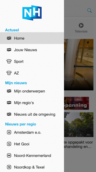 Zijmenu van nieuwe RTV-NH app op de iPhone.