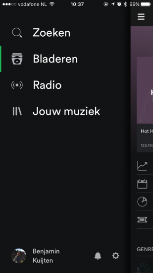 Spotify navigatie met hamburgermenu op de iPhone.