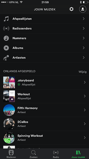 Spotify voor iPhone met nieuwe tabbar in het Nederlands.