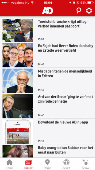 Nieuwsoverzicht in de nieuwe AD-app.