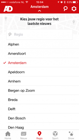 Een regio selecteren in de nieuwe AD-app.