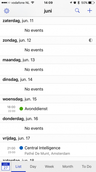 Lijstweergave in BusyCal voor iPhone.