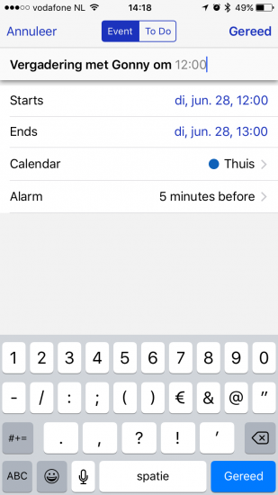 BusyCal met invoeren met menselijke tekst voor iPhone.