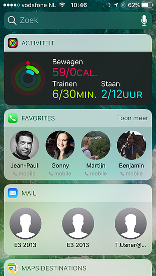 Activiteit, Contacten en Mail widgets in iOS 10.