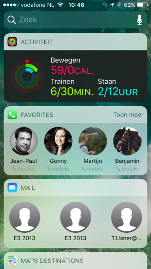 Activiteit, Contacten en Mail widgets in iOS 10.