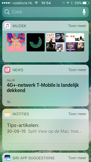 Muziek, Nieuws en Notities widgets in iOS 10.