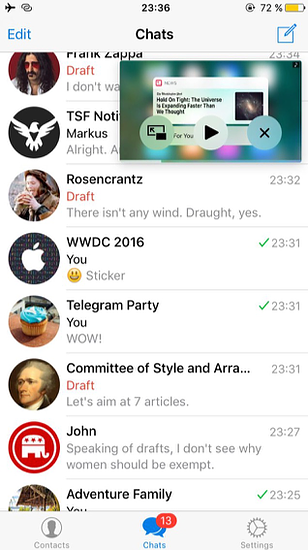 Telegram met Picture-in-picture en concepten.