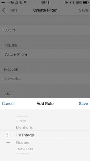 Filter instellen in Tweetbot voor iOS.