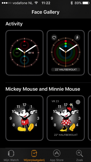 Wijzerplaatgalerij in iOS 10 in Watch-app.