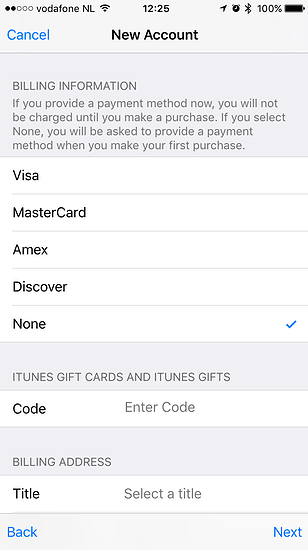 Betaalinformatie bij een nieuwe Apple ID in de App Store.