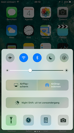 Bedieningspaneel in iOS 10.