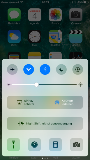 Bedieningspaneel in iOS 10.