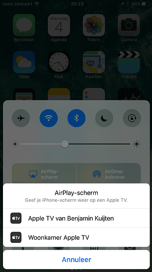 Bedieningspaneel in iOS 10 met AirPlay en synchrone weergave.